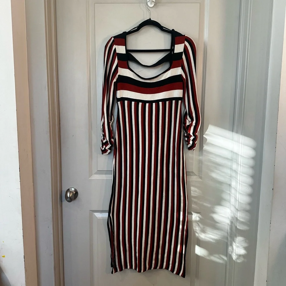 Anthropologie Maeve Striped Square Neck Brown/Black/White Midi Dress, Size Sy